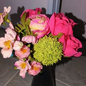 Vibrant Pink and Green Artificial Floral Arrangement Black Vase